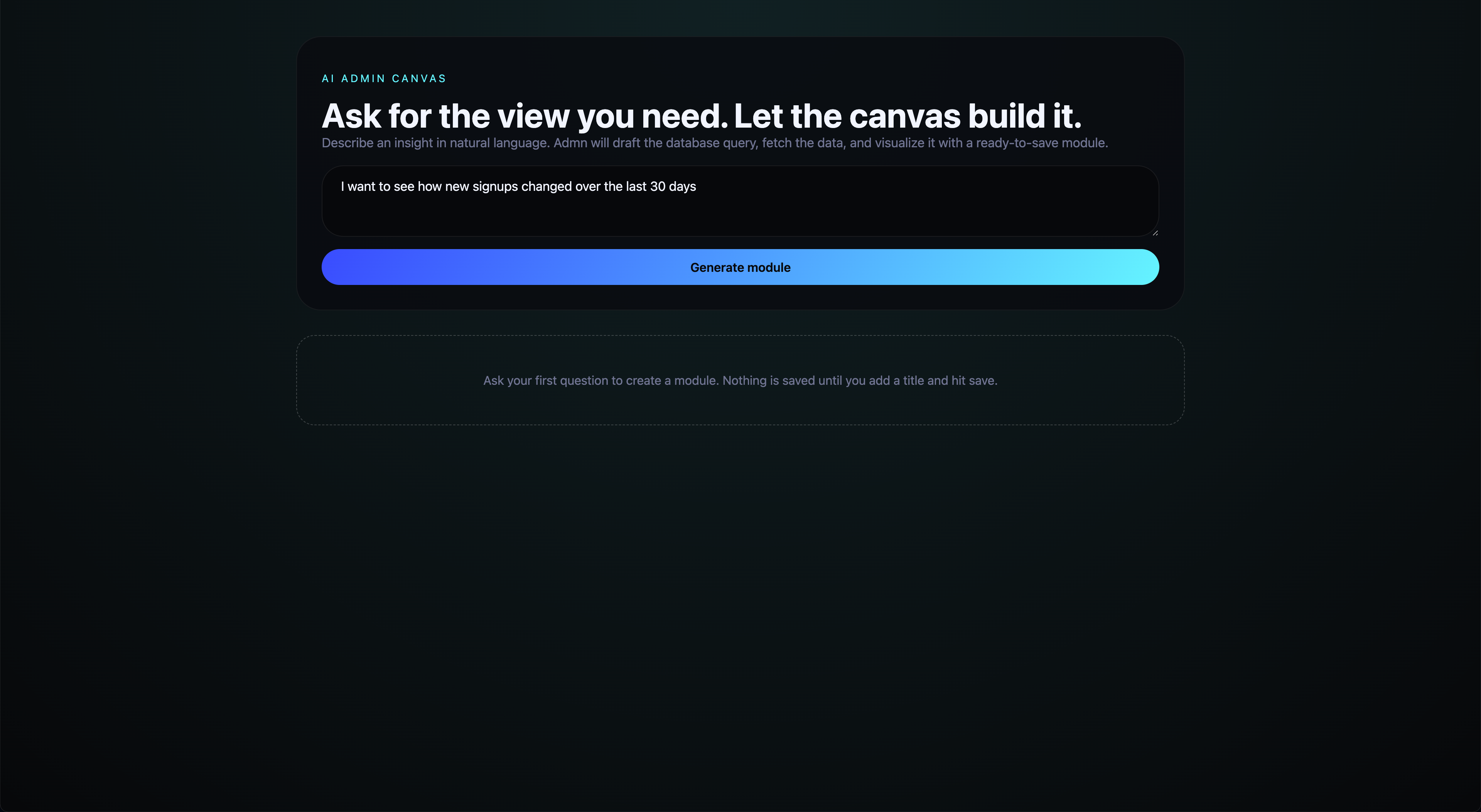 AI admin canvas dark interface