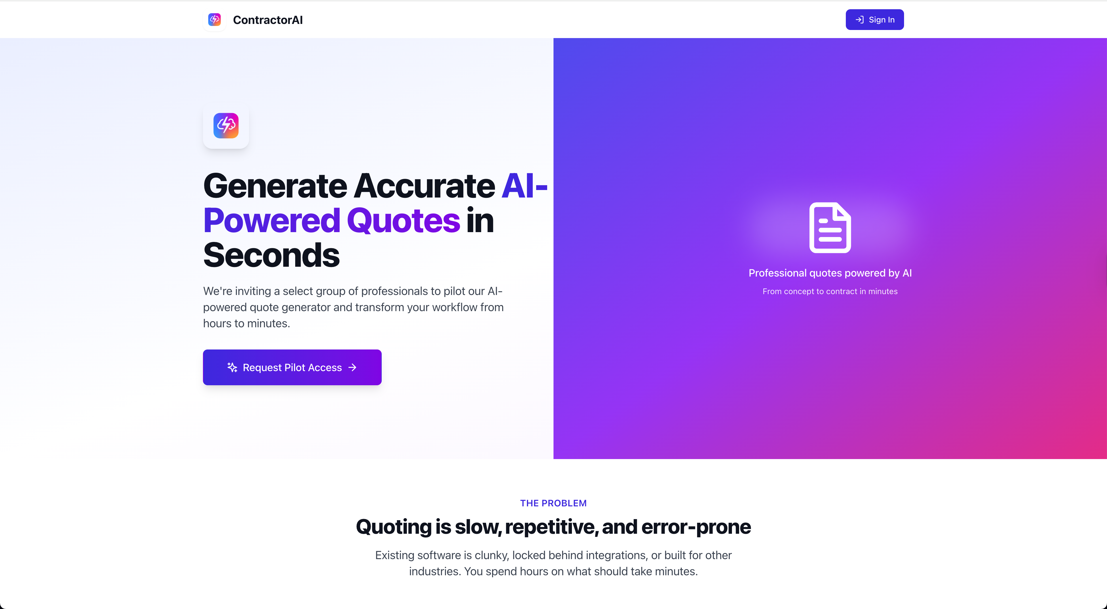 Contractor AI hero landing page